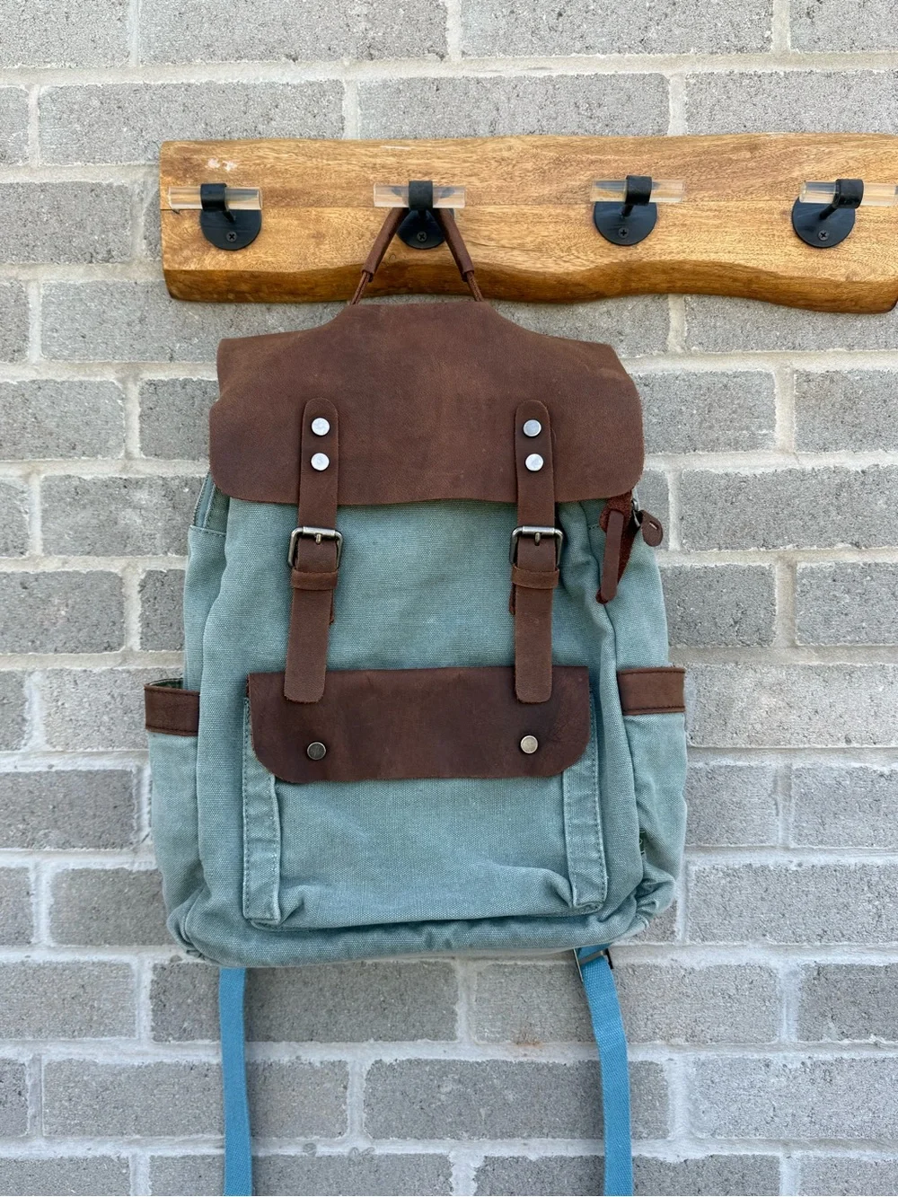 Canvas Backpack with Brown Leather Trim - Sage Green